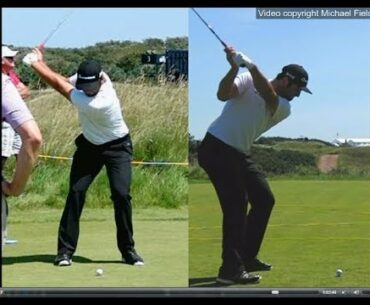 Jon Rahm golf swing - Long Iron (face-on & down-the-line), July 2017.