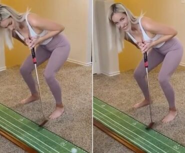 Paige Spiranac practices golf shot with cleavage-friendly trick