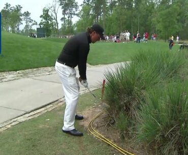 Phil Mickelson swings righty and golf ball hits leg at 2010 Houston Open