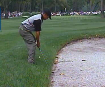 In the first round of the 1999 RBC Heritage, Tiger Woods hits his incredible bunker shot on the par-