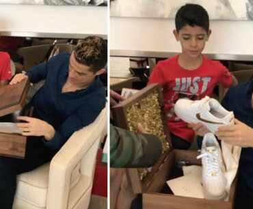 Cristiano Ronaldo with son open box with new CR7 NIKE AF1 24k gold