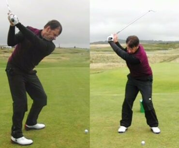 Nick Faldo golf swing - mid iron & long iron (down-the-line & face-on), July 2017.