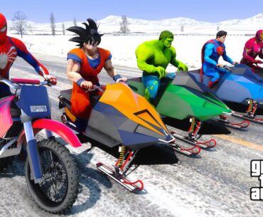 SpiderMan Snowmobile Racing Challenge With Goku Hulk Superman Iron Man - GTA V MODS