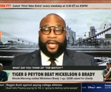 ESPN FIRST TAKE | Marcus Spears "EXCITED" Tiger Woods and Peyton beat Mickelson and Tom Brady