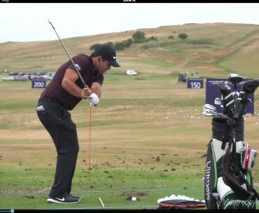 Patrick Reed Short Iron golf swing (down-the-line), ASI Scottish Open, Gullane, July 2018.