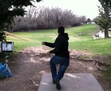 Justin throwing hole 1 Creekside Disc Golf Course. Birdie!