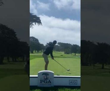 Pga pro golfer and South African Dylan Fritelli golf swing driver down the line at the 2020 PGA