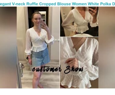 Aproms Elegant V-neck Ruffle Cropped Blouse Women White Polka Dot Buttons Chiffon Shirt Ladies Boho