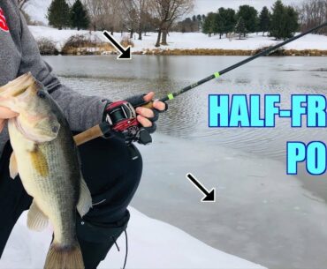 Catching Fish from a HALF-FROZEN Pond!!! (EXTREME WINTER FISHING)
