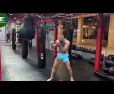 Conor McGregor hitting the heavy bag for Dustin Poirier Trilogy