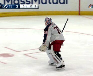 Joonas Korpisalo Heads To The Locker Room After Alex Barre-Boulet Scores His First Career NHL Goal