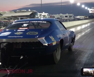 Eric Bain meets the wall in Boosted Ego Camaro at I30 Dragway on Friday 5-14-21.  FB I30 Drag Pass