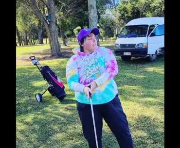 All Abilities Golf's Wooji Man Brian using Giant Wooji Stick to help Melissa make a good golf shot !