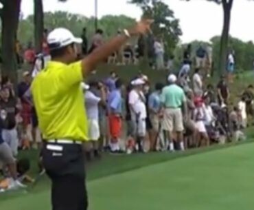 Hideki Matsuyama hits golf ball into a man’s shirt!