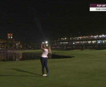 Emily Pedersen produces a piece of magic on the second playoff hole to win the Team Event in Jeddah