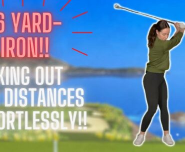 SHE SWINGS A MIGHTY 7 IRON 186 YARDS-JUST POUNDED!  SOUND ON!