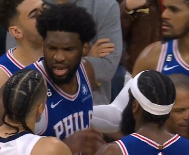 Joel Embiid gets heated with Dillon Brooks then shoves him and have to be separated