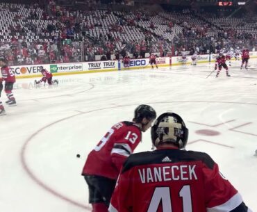 NJ Devils Warmups ON THE GLASS Akira Schmid Jack Hughes Game 5 vs. NY Rangers