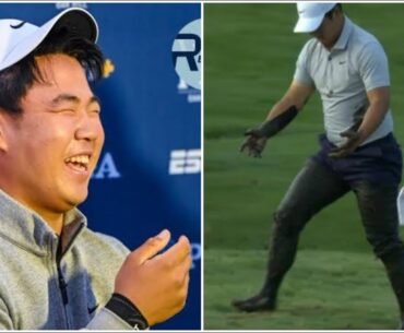 Golfer Tom Kim’s reaction to mud bath at PGA