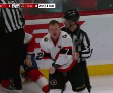Matthew and Brady Tkachuk fight on the same shift against Marc Staal and Drake Batherson