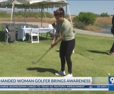 One handed lady golfer teaches different golf techniques