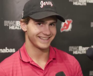 Lenni Hameenaho, Seamus Casey and Chase Stillman speak to the media at development camp.