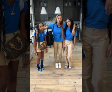 Dad makes sleepy girls take first day of school pictures #shorts