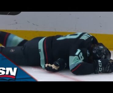 Kraken's Jared McCann Leaves The Game After Taking A Hit From Avalanche's Cale Makar Into The Boards