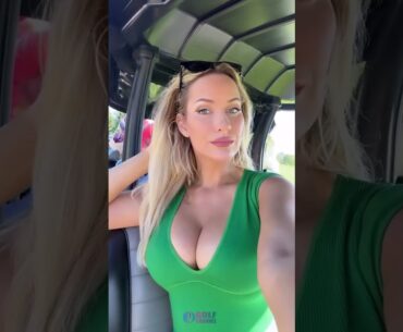 Paige Spiranac nearly bursts out of extremely low-cut  top as she flashes cheeky smile at camera