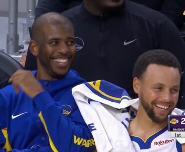 Steph Curry and Chris Paul can’t stop laughing after Kuminga passed to Steph on the bench 😂