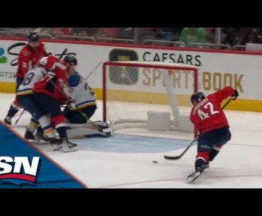 Capitals' Alexander Alexeyev Sets Up Martin Fehervary For Nice Backdoor One-Timer vs. Blues