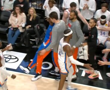 Bismack Biyombo collapses to the floor on OKC bench during a timeout