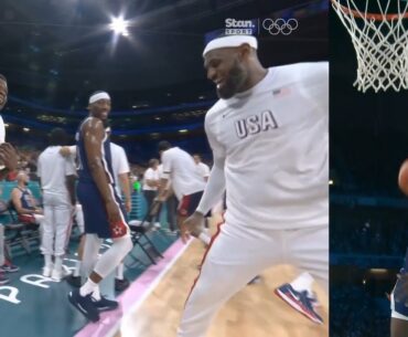 LeBron James having fun with Anthony Edwards after windmill dunk vs Puerto Rico 😂