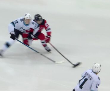 Seamus Casey scores a powerplay goal against the Utah Hockey Club