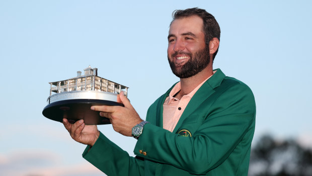 Scottie Scheffler of the United States poses with the Masters trophy after winning the 2024 Masters Tournament at Augusta National Golf Club on April 14, 2024 in Augusta, Georgia. (Photo by Warren Little/Getty Images)