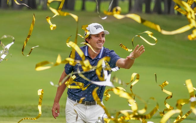 Nico Echavarria of Colombia celebrates after winning the PGA Tour Zozo Championship at the Narashino Country Club in Inzai on the outskirts of Tokyo, Sunday, Oct. 27, 2024.