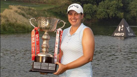 England’s Liz Young after winning the Hero Women’s Indian Open golf at the DLF Golf and Country Club on Sunday. (LET)