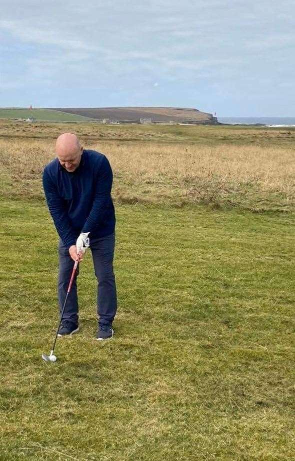 Willie Steven, winner of the latest round of the North Point Distillery Senior Stableford competition, playing the 14th hole.