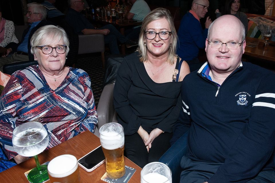 Kathleen Murphy, Tracy Rossiter and Liam Bower pictured at the Guinness Singing and Swinging Pubs in Wexford Golf Club on Thursday evening. Pic: Jim Campbell