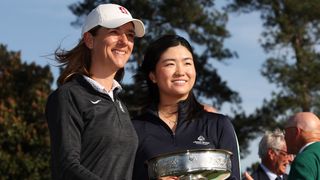 Anna Walker and Rose Zhang with the trophy following the 2023 Augusta National Women's Amateur