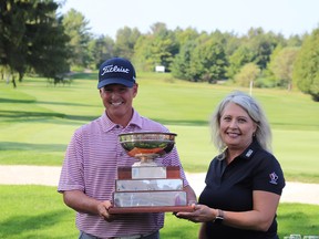 Canadian-born Miles McConnell is presented with the trophy for winning the the 2024 Canadian Men's Senior Golf Championship at the Saugeen Golf Club Sunday. Photo supplied