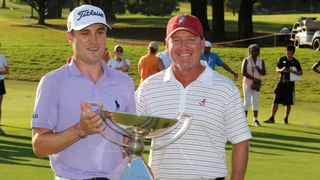 Justin Thomas and Jay Seawall after the 2017 Tour Championship with the FedEx Cup trophy